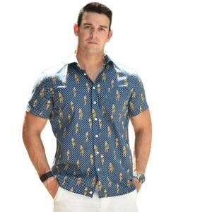 Haspel aloha hula girls motif blue white polka dot camp tourist shirt mens XL